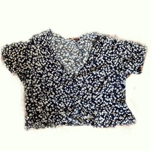 Ruffle Button Down Crop Blouse with Flowers